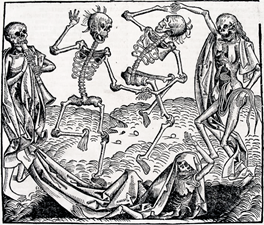Skeleton dancing on a plague pit