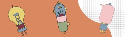 Three illustrations of electrical components, on an orange backdrop