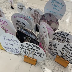 Circular pieces of card with handwriting and images, on a map