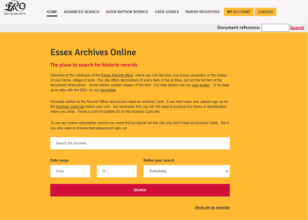 Essex Archives Online website's search page